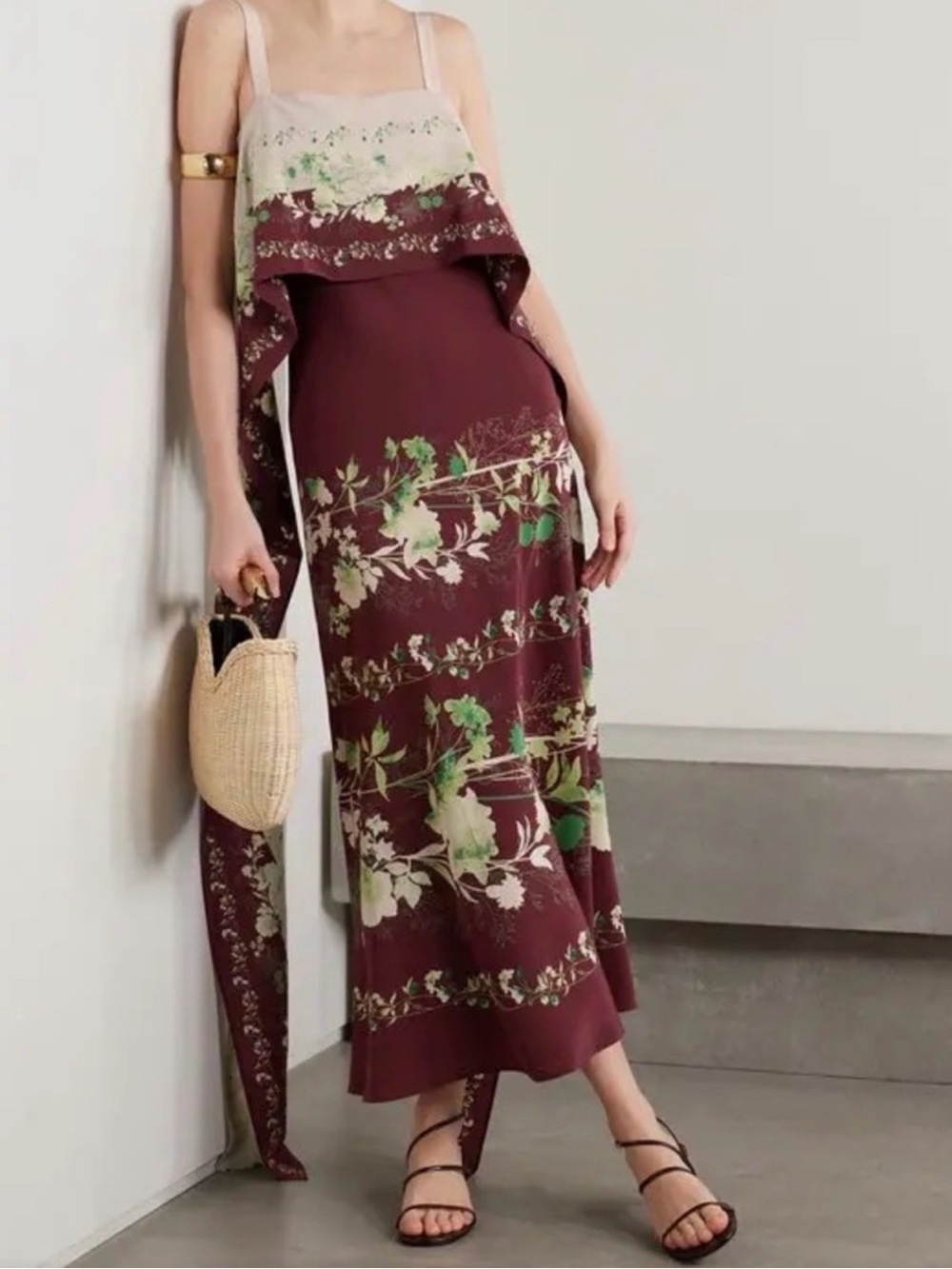 LA DoubleJ Floral Midi Dress Woodland Placée Burgundy in Crepe NWT. XS.